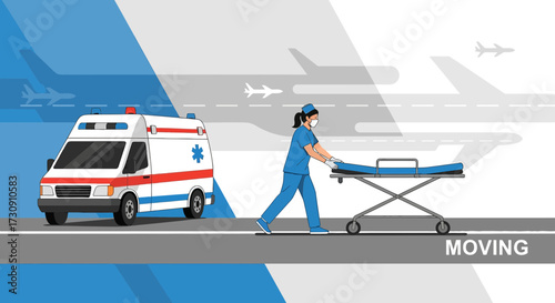 Emergency medical response team with ambulance and nurse at the airport runway illustration