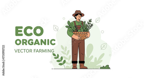 Farmer with Basket of Eco Organic Produce Promoting Sustainable Farming Practices