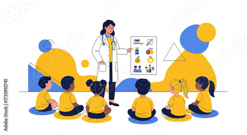 Female doctor teaching group of diverse children about health and hygiene in a classroom setting