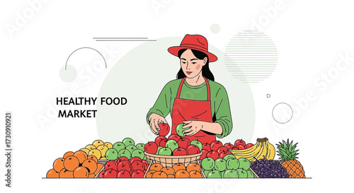 Fresh produce market illustration featuring a vendor with a vibrant array of fruits