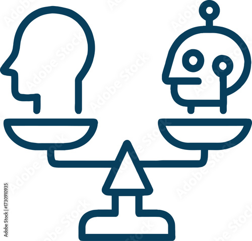 AI vs Human ethics concept icon. Artificial intelligence and humanity on a balance scale representing comparison, automation, and the future of technology.