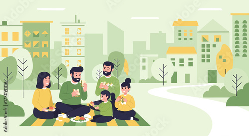 Happy family enjoys a pleasant picnic in the park with buildings landscape and trees surrounding