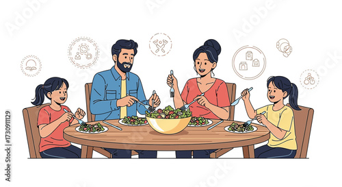 Happy family enjoys healthy salad meal together at the table in a warm and loving atmosphere