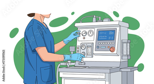 Healthcare professional operating advanced medical equipment in a clinical setting illustration