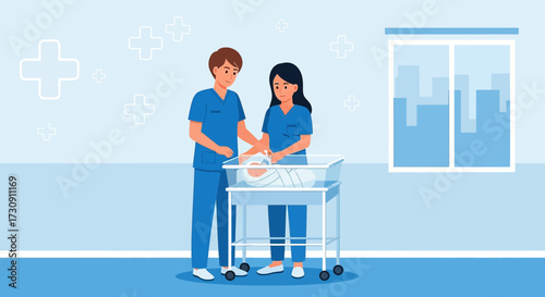 Healthcare professionals caring for a newborn baby in a hospital nursery setting illustration