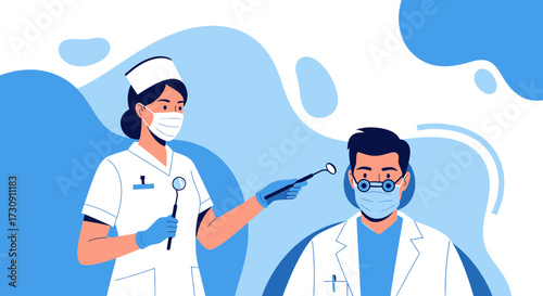 Healthcare professionals during a pandemic demonstrating dental check up protocols with protection