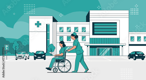 Healthcare professionals pushing patient in wheelchair at hospital with parking area