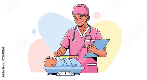 Illustration depicting a doctor measuring the length of a newborn baby on a scale in a clinic
