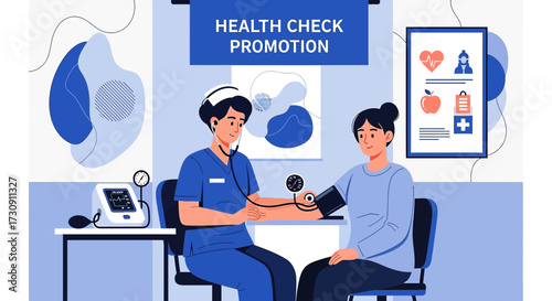 Illustration depicting a health check promotion with doctor and patient in clinic setup