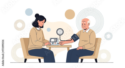 Illustration depicting a home healthcare professional checking an elderly man's blood pressure
