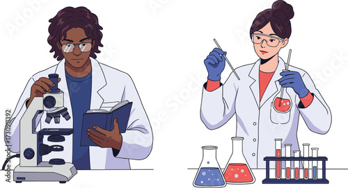 Scientists in laboratory, microscope research, chemical experiment, scientific analysis, teamwork in lab, medical discovery, science education, chemistry equipment, liquid testing, academic research