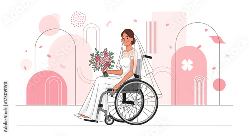 Illustration of a beautiful bride in a wheelchair holding a flower bouquet at her wedding ceremony