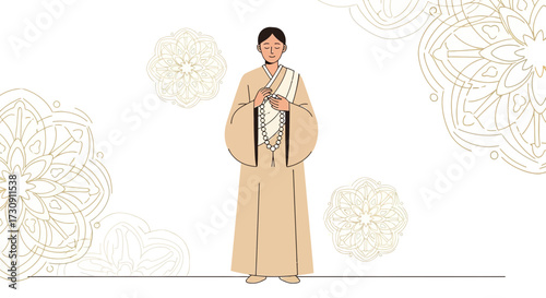 Illustration of a buddhist monk in meditation with mandala background creates serenity and