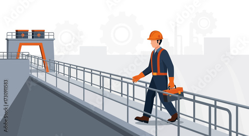 Illustration of a construction worker walking uphill on a bridge towards a structure engineering