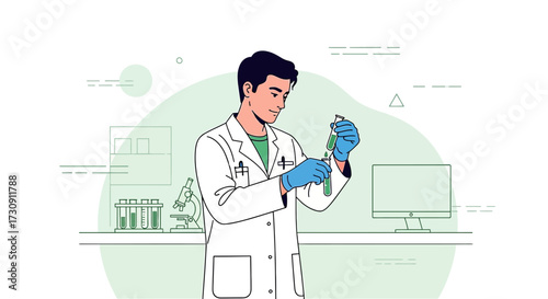 Illustration of a male scientist conducting research in a modern laboratory setting with equipment