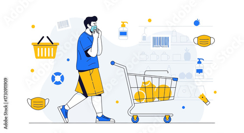 Illustration of a man wearing a mask while shopping at a grocery store during a pandemic situation