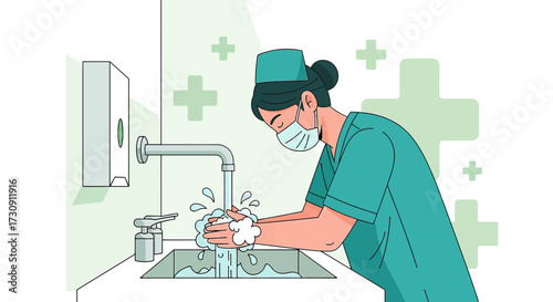 Illustration of a medical professional washing hands to maintain hygiene and prevent infection