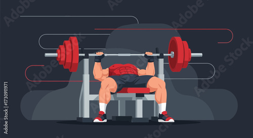 Illustration of a muscular man performing a bench press exercise in the gym setting