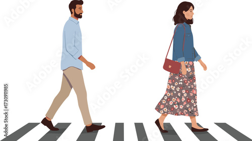 Urban crosswalk scene, pedestrians walking, street fashion, denim jacket, floral skirt, city life, public space, lifestyle, road safety, diversity