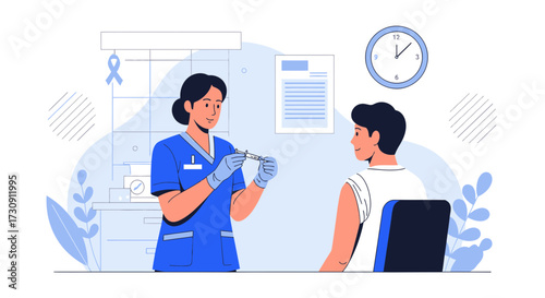 Illustration of a nurse administering a vaccine to a patient in a medical setting promoting health