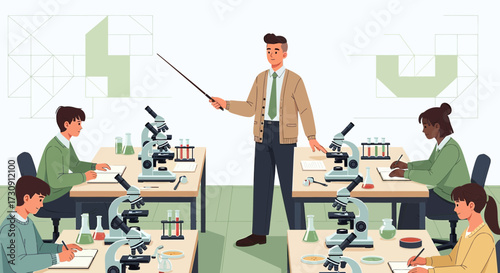 Illustration of a science class with students and a teacher using microscopes in laboratory