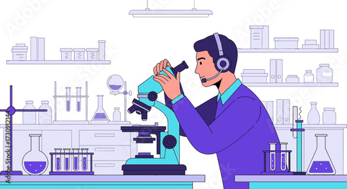Illustration of a scientist using a microscope in a laboratory setting for medical research and