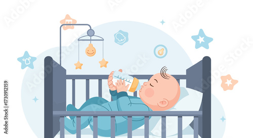 Illustration of a sleeping baby drinking milk from a bottle in a crib with baby mobile and stars