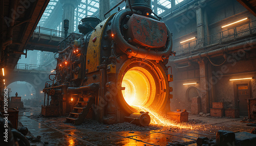 Molten metal in an industrial furnace, in a dimly lit factory room  