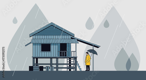 Illustration of a stilt house in rainy season with a person under an umbrella portraying climate