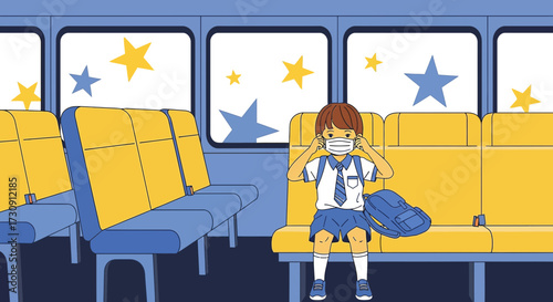 Illustration of a student wearing a mask on a bus adhering to health protocols during the pandemic