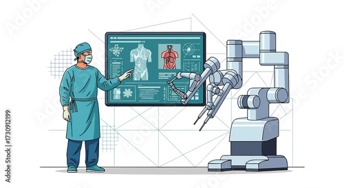 Illustration of a surgeon using robotic surgery technology for precise operations and medical