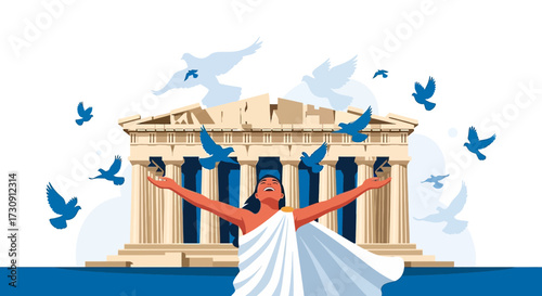 Illustration of a woman in traditional Greek attire with birds and ancient building showing