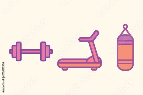 Colorful flat design icons of gym equipment including a dumbbell treadmill and punching bag