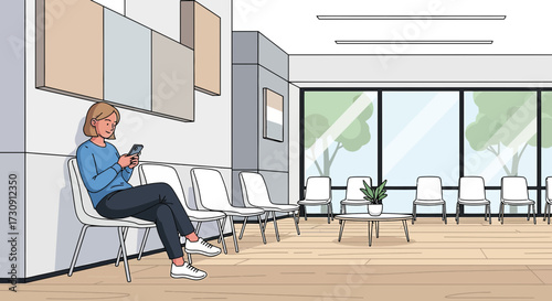 Illustration of a woman using her smartphone while waiting in a modern waiting room
