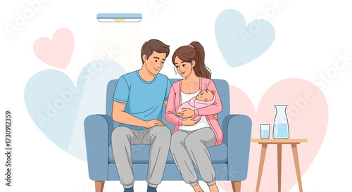 Illustration of a young family with a newborn baby sitting on a sofa at home illustration vector