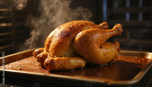 Well-done chicken seasoned with spices on a baking shee