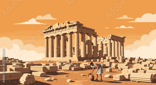 Illustration of the Parthenon in Athens with a man picking up a vase amidst the ruins evokes