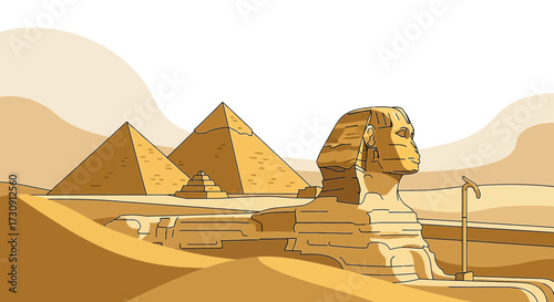 Illustration showcasing the majestic Great Sphinx and the iconic pyramids of Giza