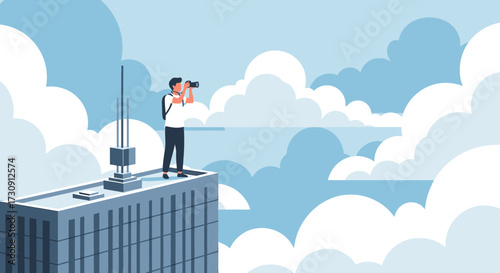Illustrative artwork portraying a photographer capturing skyline scenes on a rooftop vista