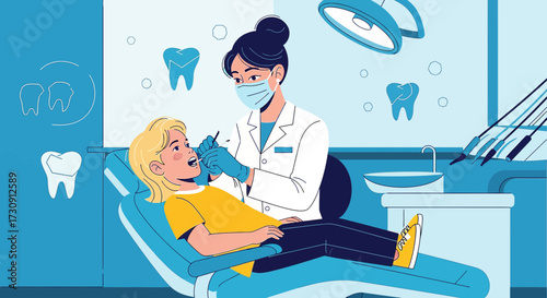 Illustrative depiction of a child undergoing a dental checkup with a masked female dentist