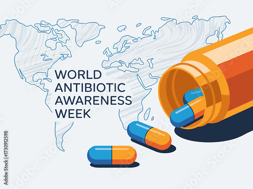 World Antibiotic Awareness Week Illustration with Medicine Bottle and World Map Promoting Responsible Use and Global Health Initiatives