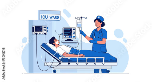 Intensive Care Unit scene illustrating a nurse caring for a patient in critical condition