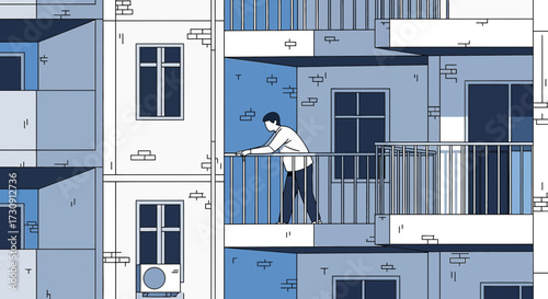 Isolated urban life illustration depicting a man on a balcony in a block of flats during confinement