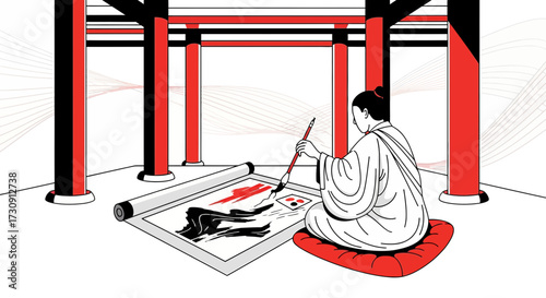 Japanese artist creating calligraphy art with brush in traditional temple setting design