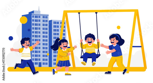 Joyful Children Playing on Swings and Running in a City Playground Illustration