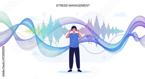 Man experiencing stress management through music therapy with audio waves illustration