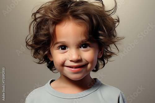 close-up portrait of an adorable, happy toddler with big brown eyes and messy, curly hair giving a cute, joyful smile against a soft, light background