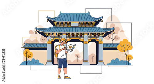 Man exploring Asian architecture, a tranquil travel scene showcasing oriental heritage and travel