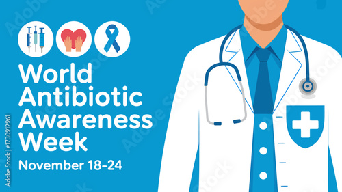 World Antibiotic Awareness Week Illustration with Doctor and Medical Icons Promoting Responsible Antibiotic Use and Healthcare Solutions