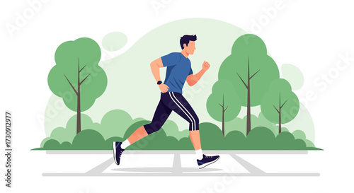 Man Running in Park with Trees, Vector Illustration for Fitness and Health Awareness a Vibrant
